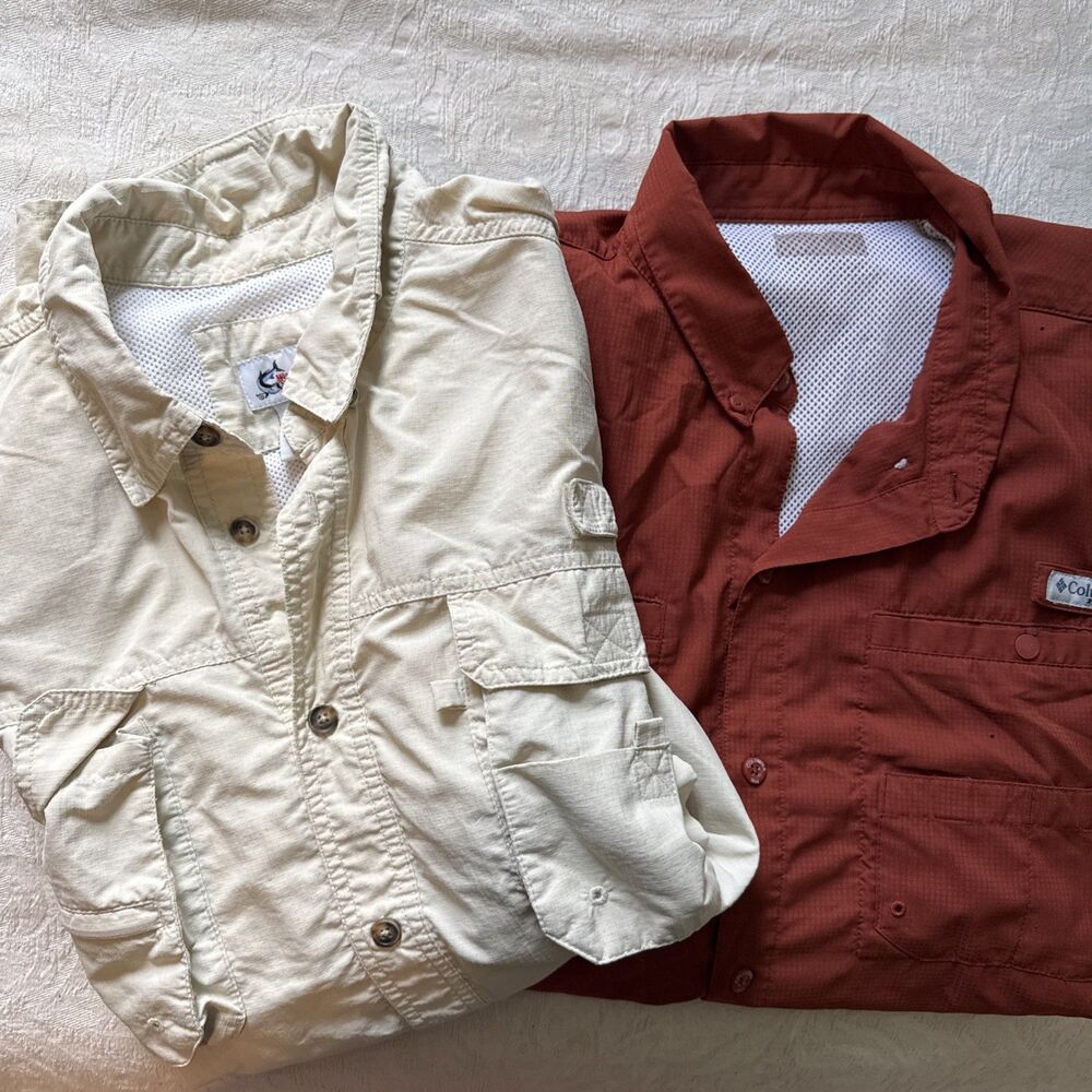 Lot Of 2 Mens XL Fishing Outdoor Vented Shirts Columbia PFG Worldwide Sport FLAW